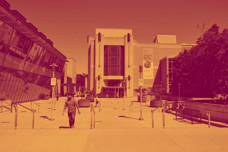 McMaster campus. Red and yellow duotone.