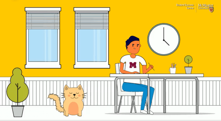 Illustration of Mac student studying, with cat next to desk