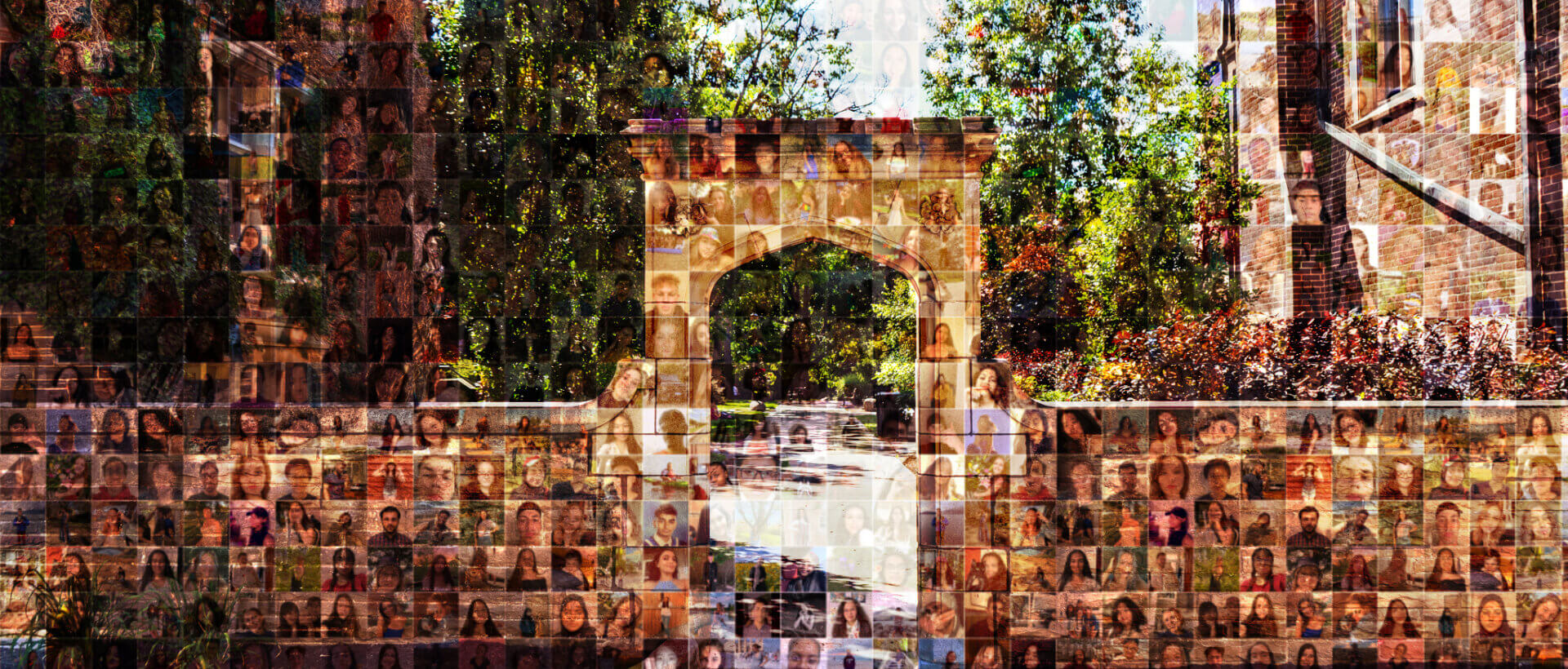 A mosaic of student photos that make up an image of Edwards Arch.