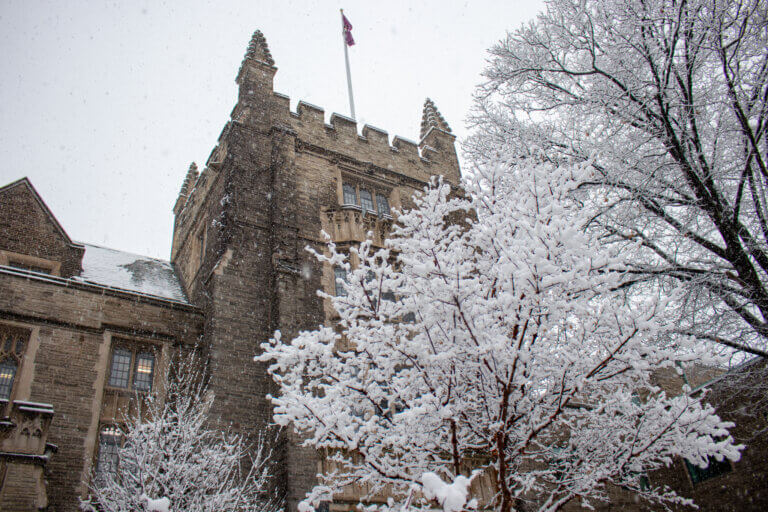 Snow on trees surrounding University Hall in winter.