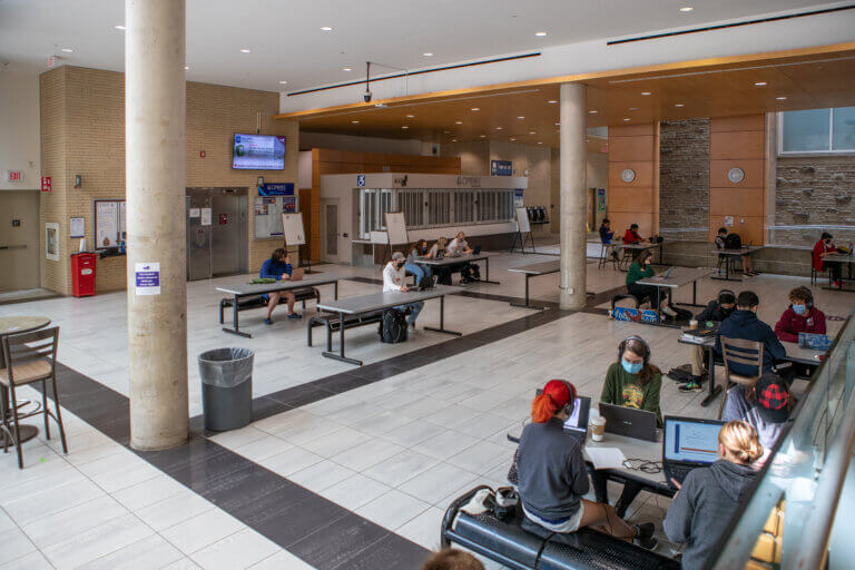 Groups of students studying in the Student Centre.