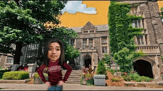 Animated student outside of an animated university hall. The sky is a McMaster gold and the student is wearing a McMaster sweater.