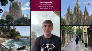 Collage of Emerson's experience, which includes photos from his study abroad experience and a screenshot of him talking to the camera