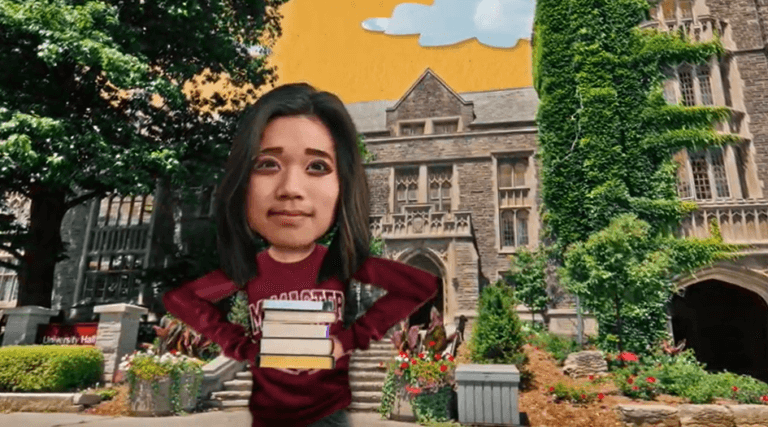 Animated McMaster student holding a stack of books outside of University Hall. The sky is a McMaster gold.