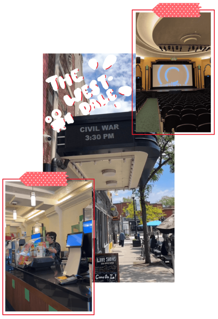 Three images of Westdale Theatre. White doodles. 