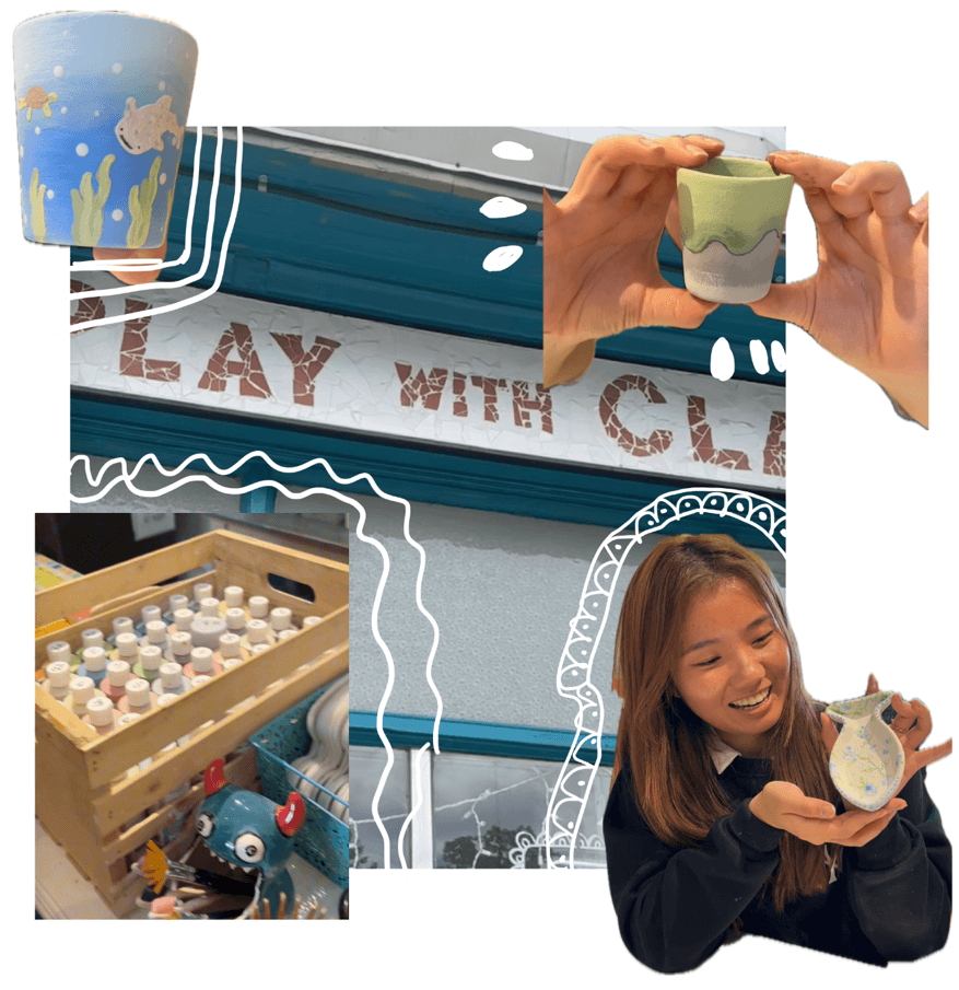 Four images of Play with Clay. Painted jar. Angela holding up a painted fish.