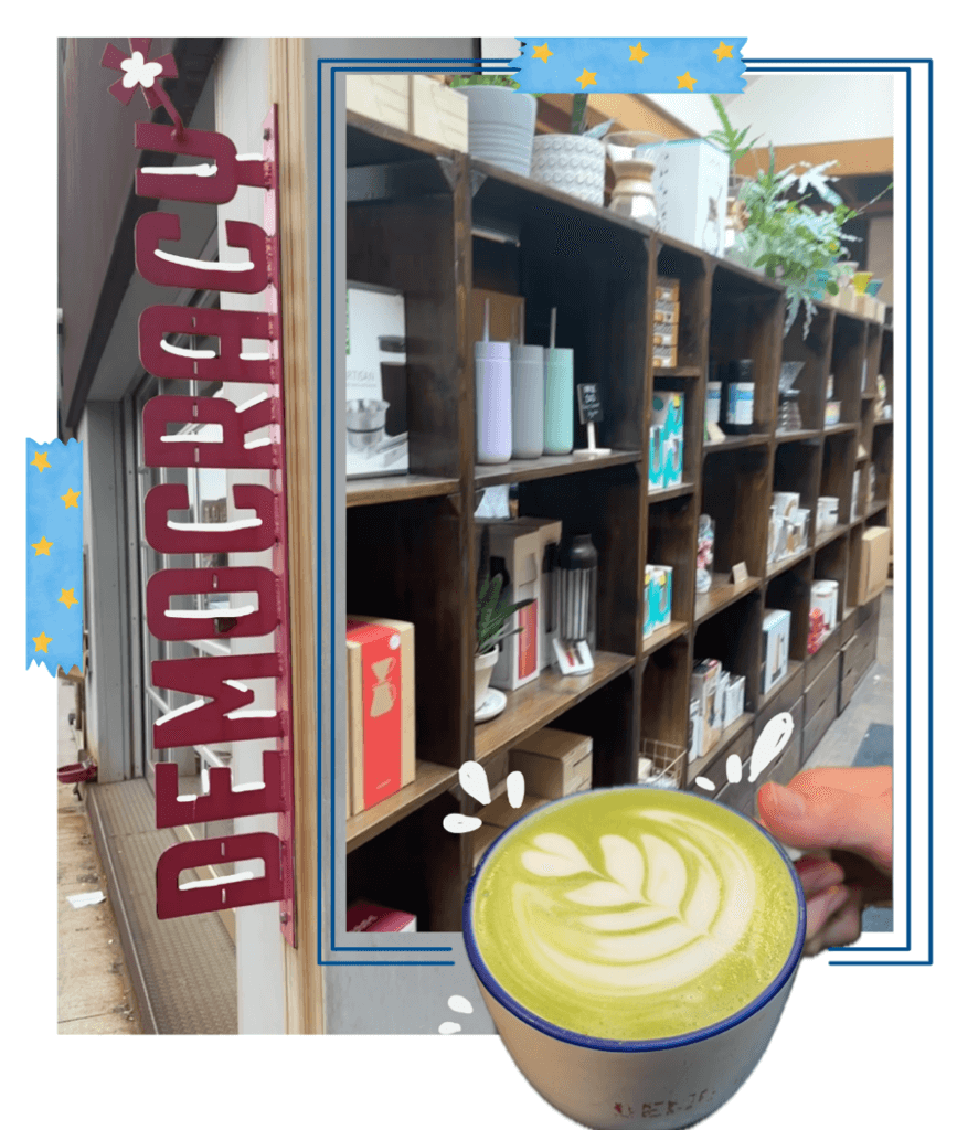 Two photos of Democracy. Book shelf with various items and a matcha latte. 