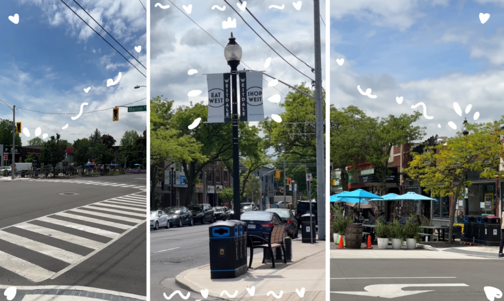 Three images of Westdale Village. White doodles and hearts. 