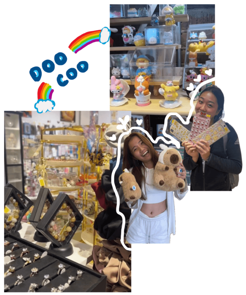 Three images of Doo Coo. Angela and friend holding up items in the store. 