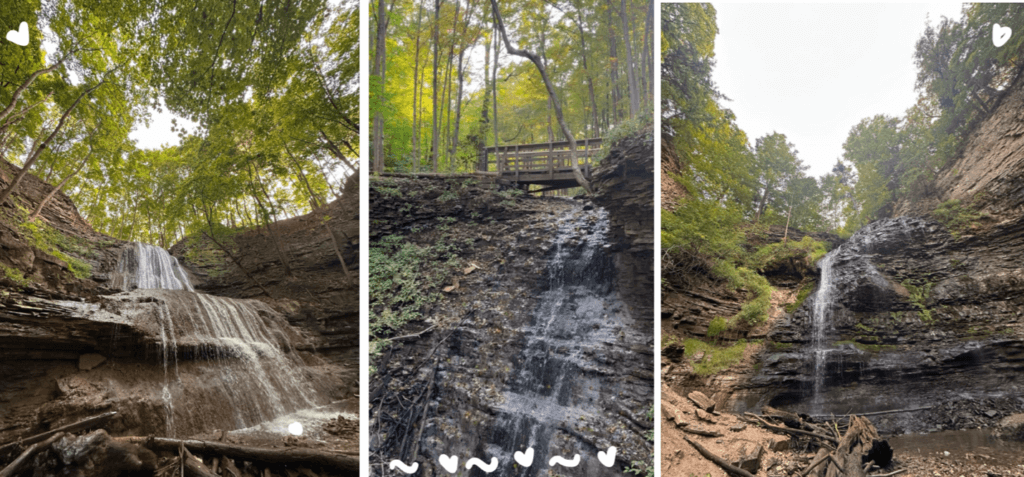 Three images of hamilton waterfalls. White doodles toward the bottom of the middle image. 