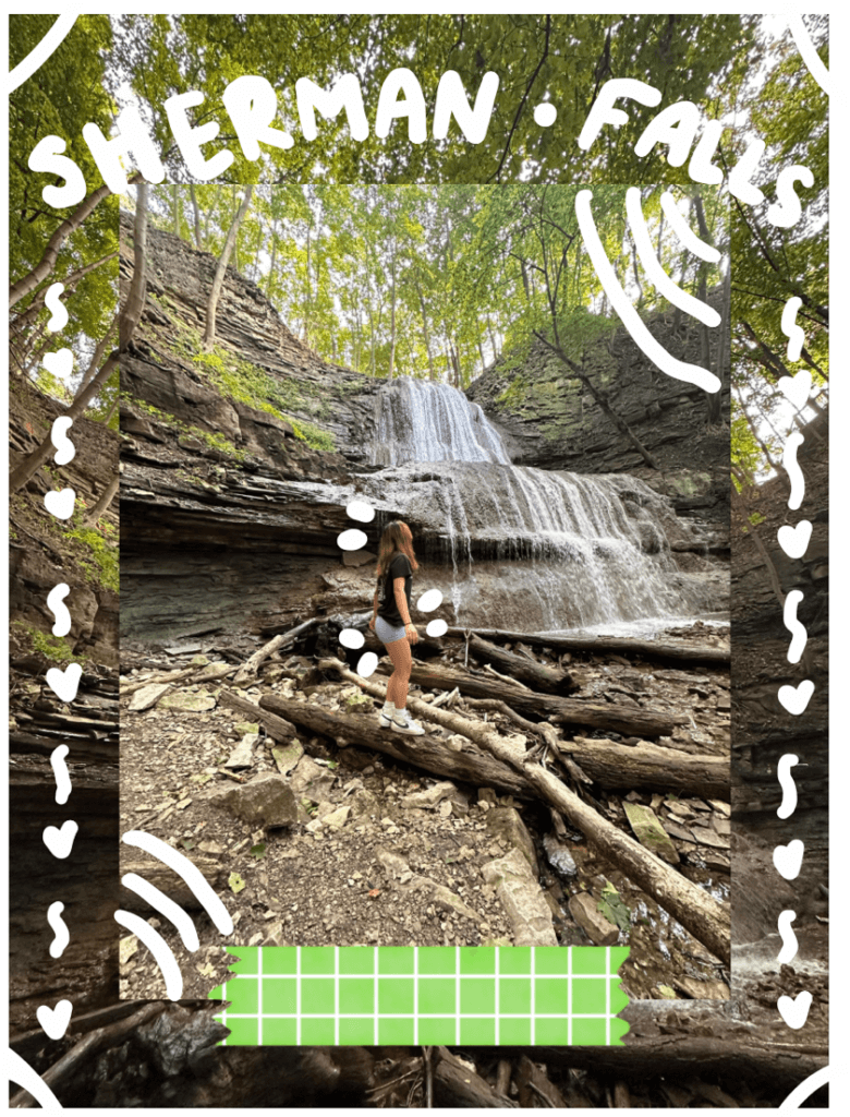 Student in front of Sherman Falls. White doodles around the image. 