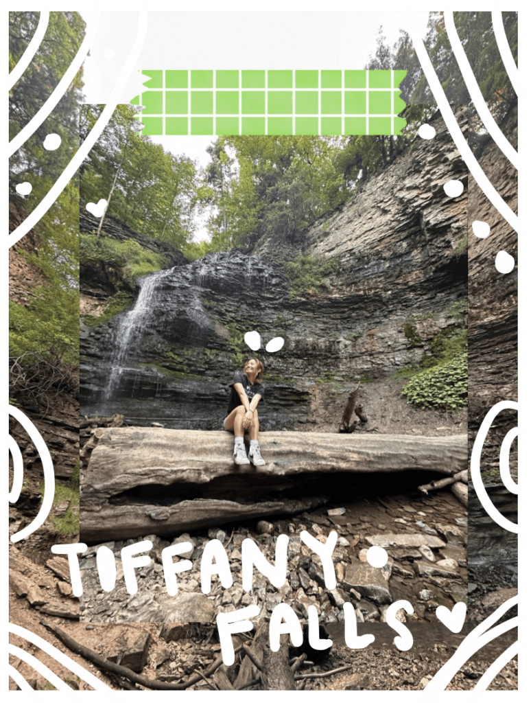 Student in front of Tiffany Falls. White doodles around images. 