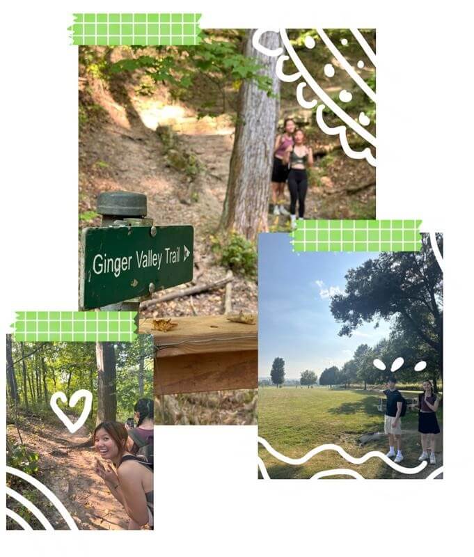 Three images of outdoor spots: Ginger Valley Trail, students on a trail, students on a field. 