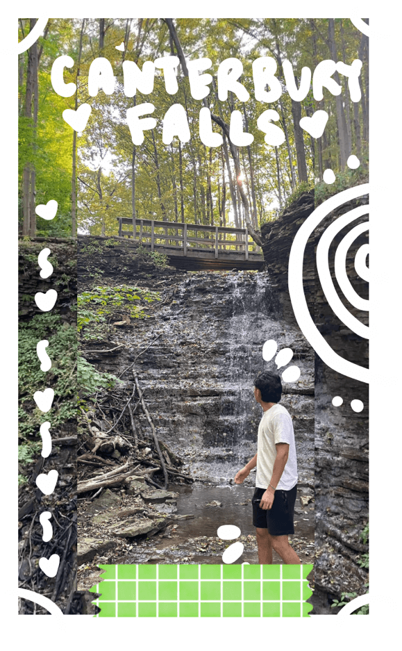 Student in front of Canterbury Falls. White doodles around image. 