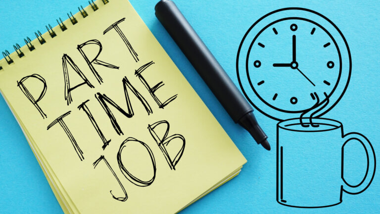 Yellow notepad reading “PART TIME JOB” beside a black pen and mug with a clock rising from it, suggesting work, deadlines, and time.