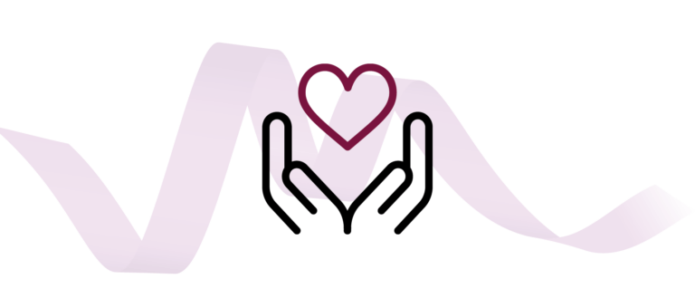 Ribbon graphic with hands holding heart icon.