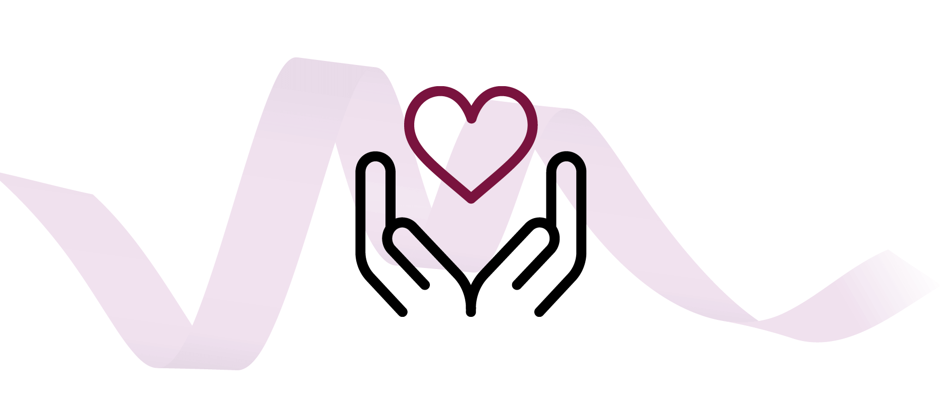 Ribbon graphic with hands holding heart icon.