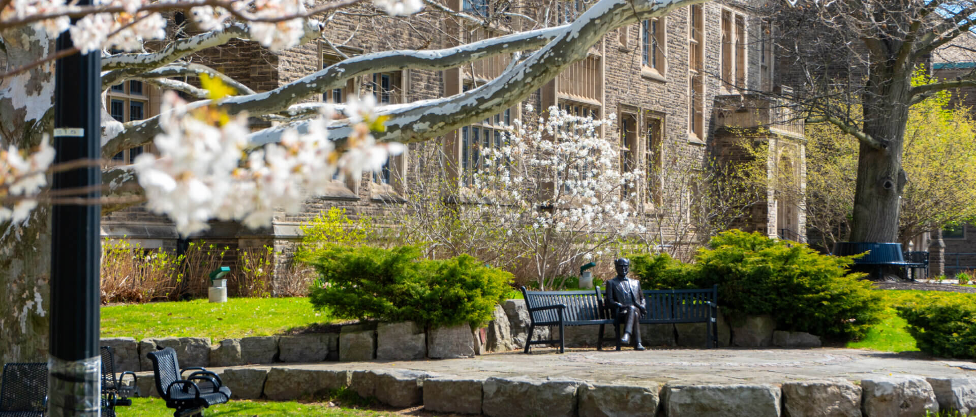 Blooming cherry blossoms frame a tranquil garden scene with stone paths, a lone statue on a bench, lush greenery, and an elegant stone building.